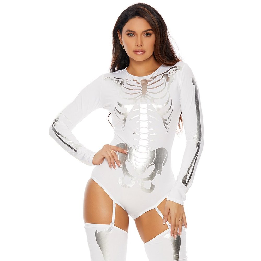 Skeleton Costume Set Bone Print Bodysuit Garters and Thigh High Stockings